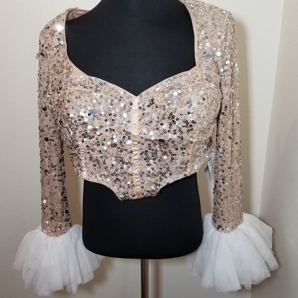 Asos Luxe Womens Size 14 Tan Sequin Long Sleeve Tule Top Party Festival Club NWT